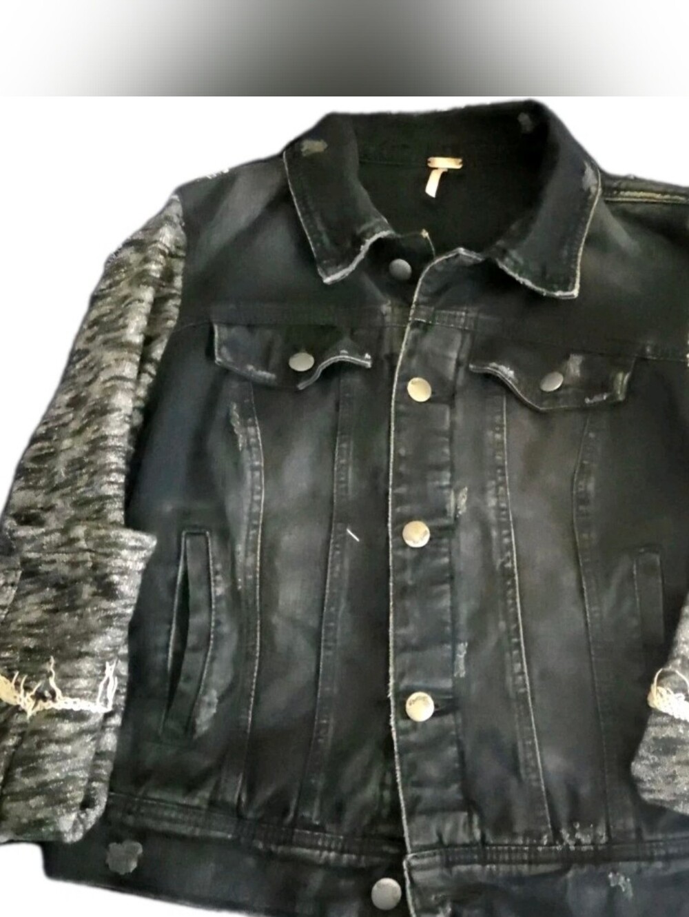 Free People Distressed Black Jean Jacket With Heather Gray Knitted Sleeves